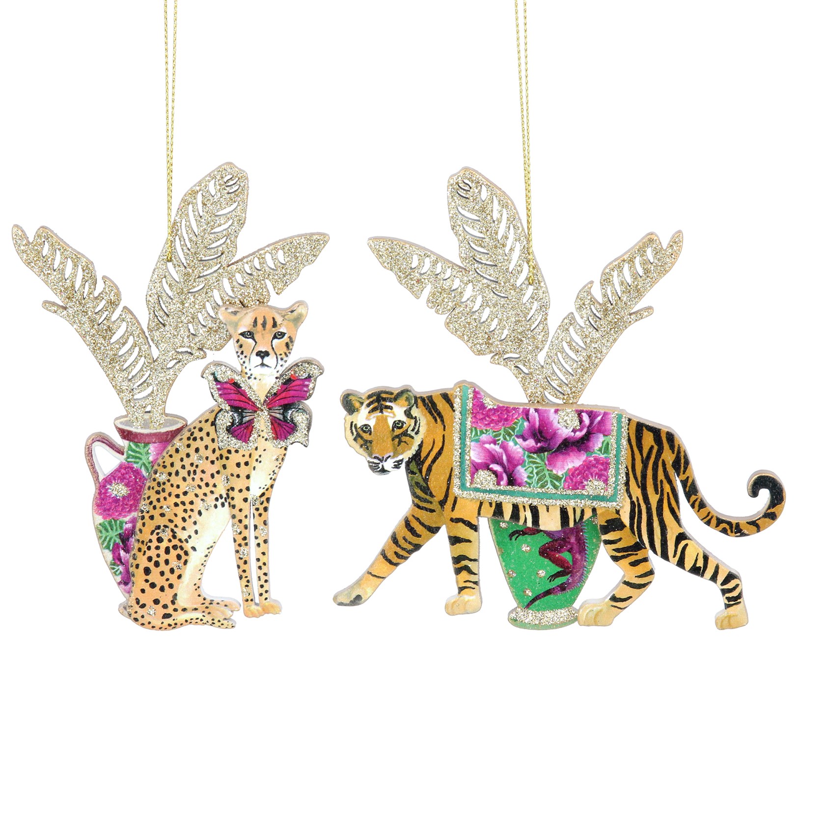 Chrsitmas Tropic Fantasy Cheetah Tiger Dec by Gisela Graham Tropic Fantasy Cheetah and Tiger hanging Christmas decoration. By Gisela Graham. The perfect festive addition to your home.